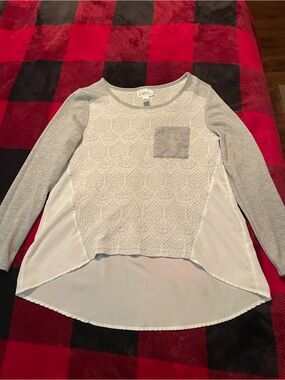 just be Cream and Gray Lace-Front Layered Blouse